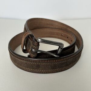 J & M Belt Mens Sz 36 Brown Leather Suede Overlay Silver Tone Buckle Made In USA